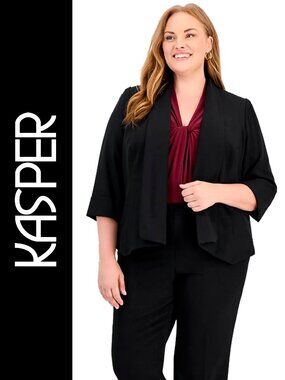 KASPER ~ Plus Size Open-Front Flyaway Jacket ~ NWOT Size 16W Black